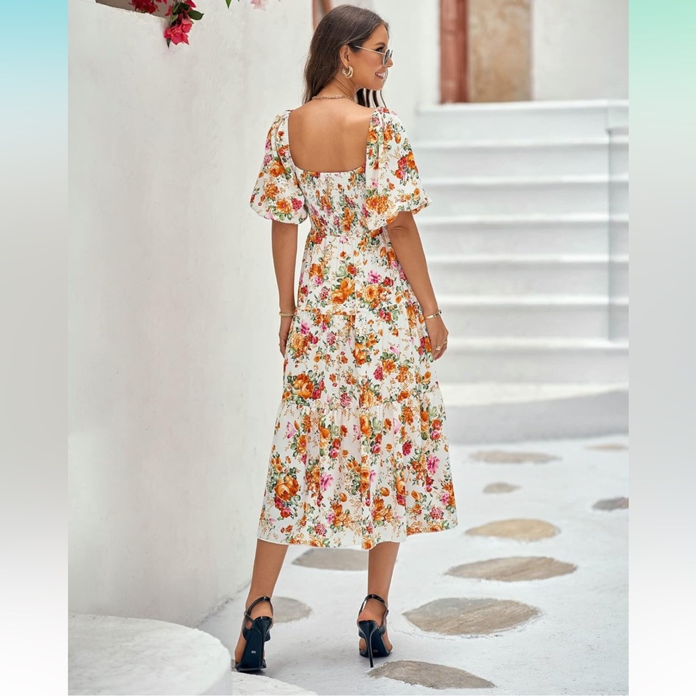 Floral Puff Sleeve Midi Dress w/ Cut-Out | Size M | - Picture 4 of 9